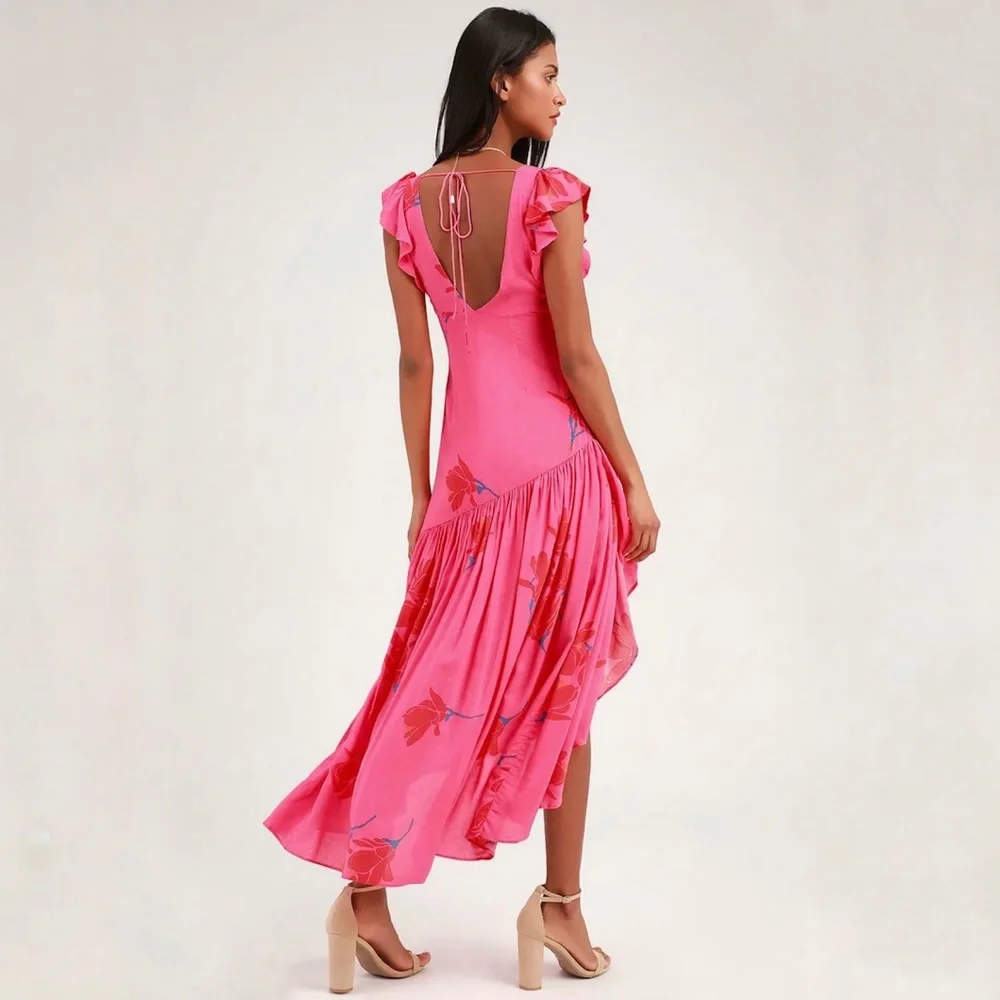 Free People She's a Waterfall Hot Pink Floral Print Ruffled Maxi Dress Size 6